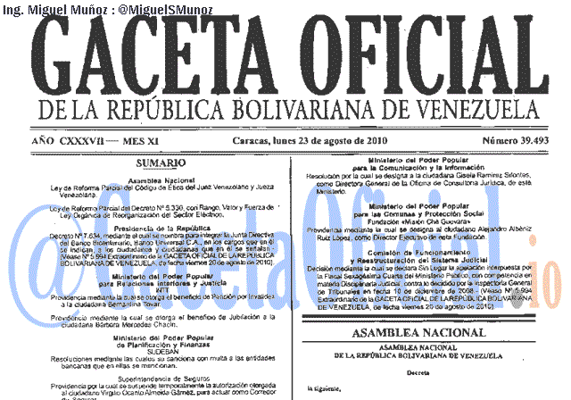 Gaceta Oficial 39493 del 23 Agosto 2010