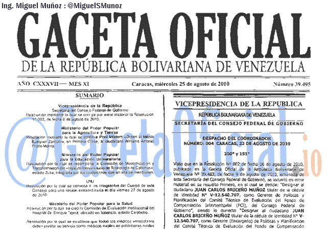 Gaceta Oficial 39495 del 25 Agosto 2010