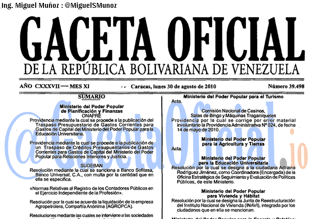 Gaceta Oficial 39498 del 30 Agosto 2010