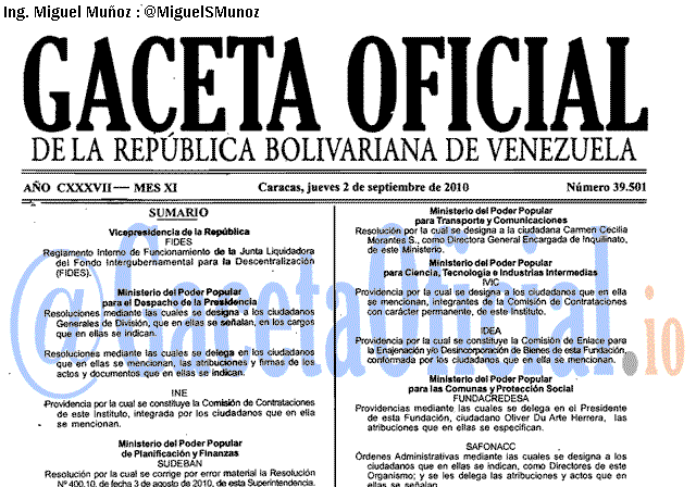 Gaceta Oficial 39501 del 2 Septiembre 2010