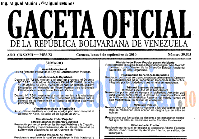 Gaceta Oficial 39503 del 6 Septiembre 2010