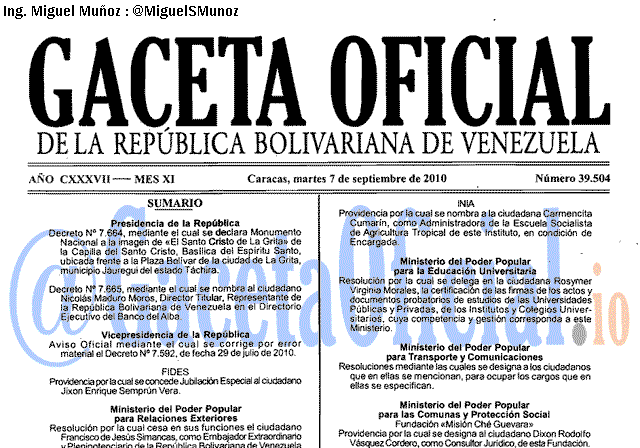 Gaceta Oficial 39504 del 7 Septiembre 2010