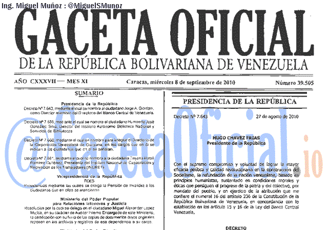Gaceta Oficial 39505 del 8 Septiembre 2010