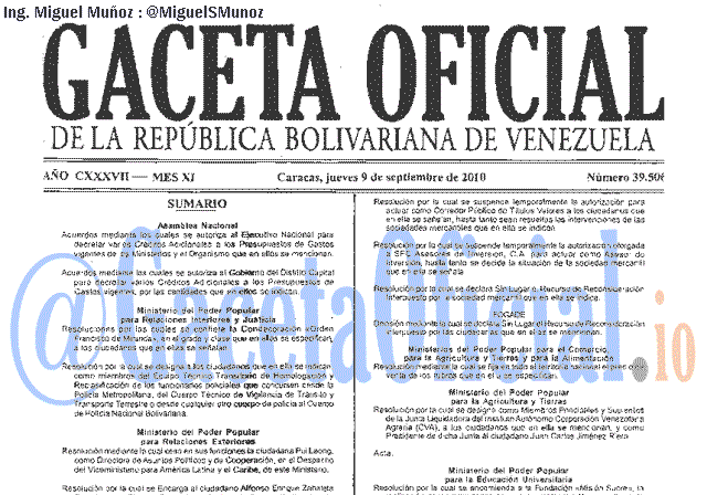 Gaceta Oficial 39506 del 9 Septiembre 2010
