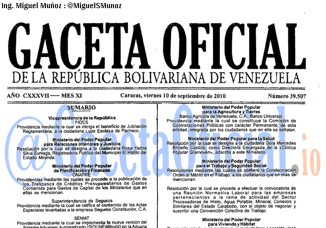 Gaceta Oficial 39507 del 10 Septiembre 2010