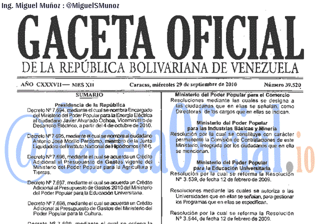 Gaceta Oficial 39520 del 29 Septiembre 2010