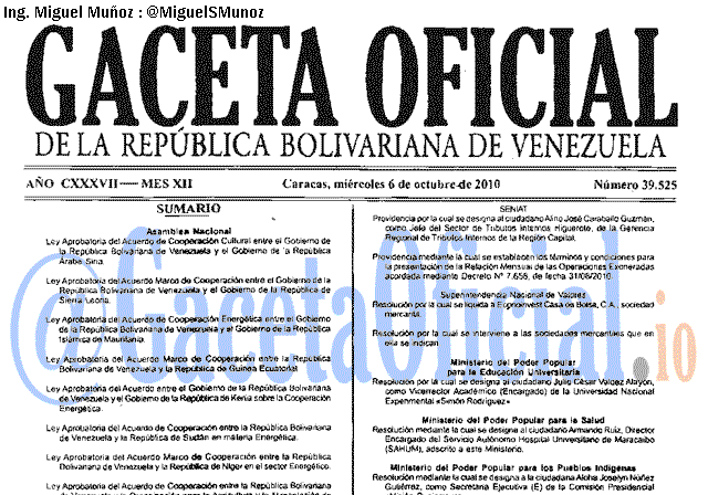 Gaceta Oficial 39525 del 6 Octubre 2010