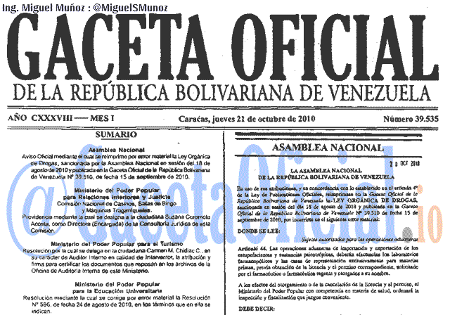 Gaceta Oficial 39535 del 21 Octubre 2010