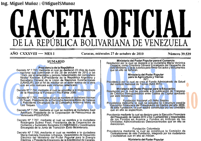 Gaceta Oficial 39539 del 27 Octubre 2010