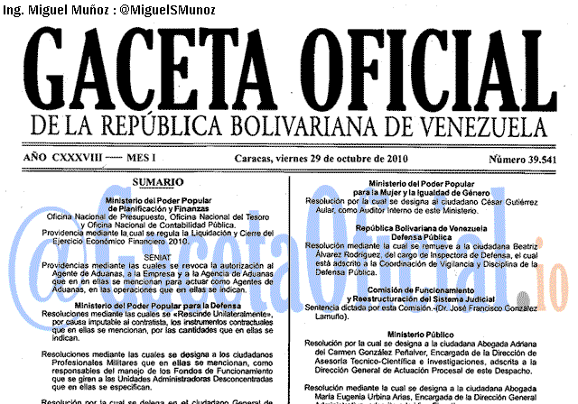 Gaceta Oficial 39541 del 29 Octubre 2010