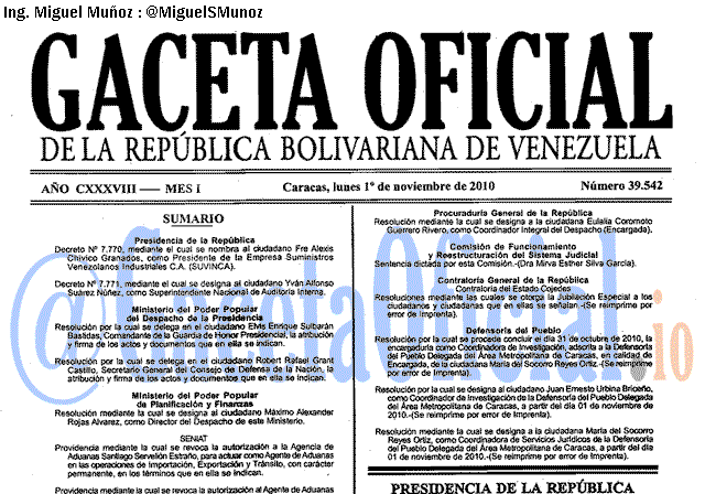 Gaceta Oficial 39542 del 1 Noviembre 2010