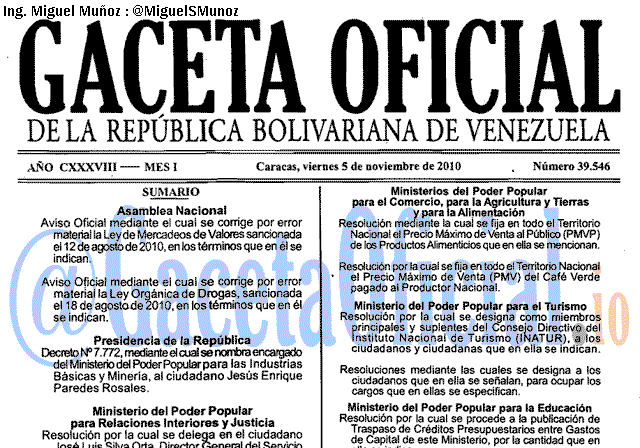 Gaceta Oficial 39546 del 5 Noviembre 2010