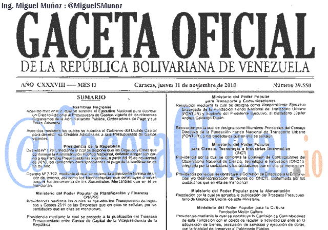 Gaceta Oficial 39550 del 11 Noviembre 2010