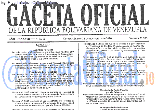Gaceta Oficial 39555 del 18 Noviembre 2010