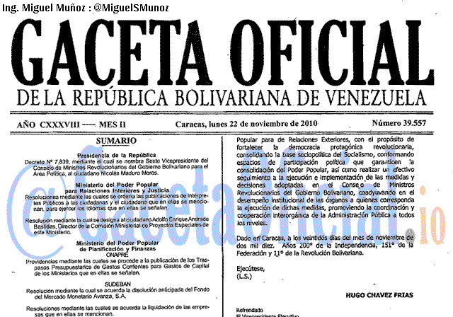 Gaceta Oficial 39557 del 22 Noviembre 2010