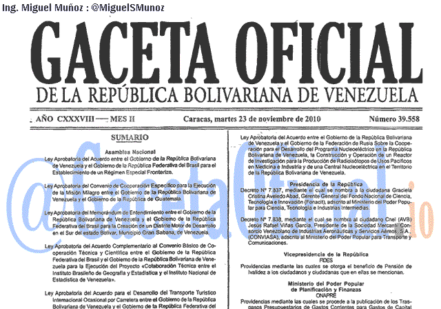 Gaceta Oficial 39558 del 23 Noviembre 2010