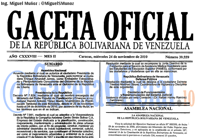 Gaceta Oficial 39559 del 24 Noviembre 2010