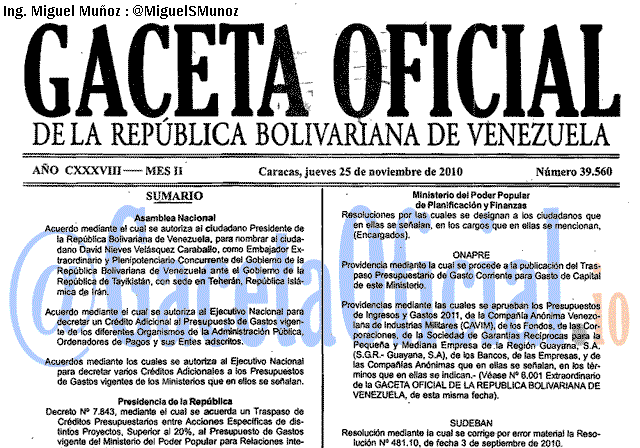 Gaceta Oficial 39560 del 25 Noviembre 2010