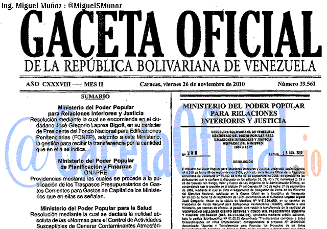 Gaceta Oficial 39561 del 26 Noviembre 2010