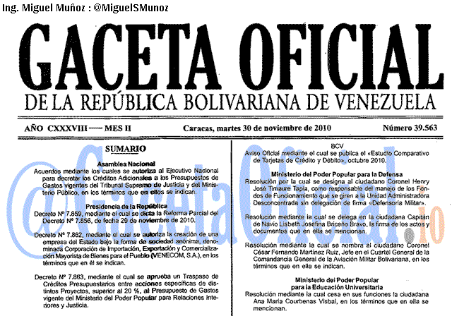 Gaceta Oficial 39563 del 30 Noviembre 2010