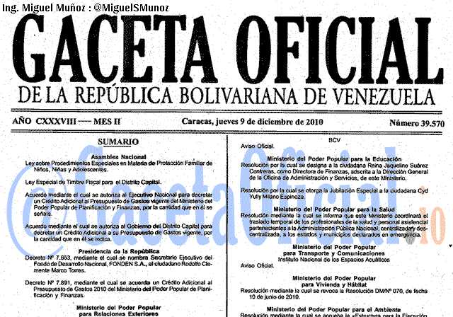 Gaceta Oficial 39570 del 9 Diciembre 2010