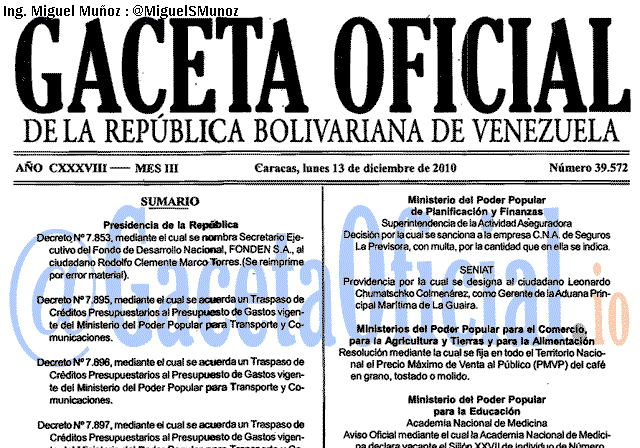 Gaceta Oficial 39572 del 13 Diciembre 2010