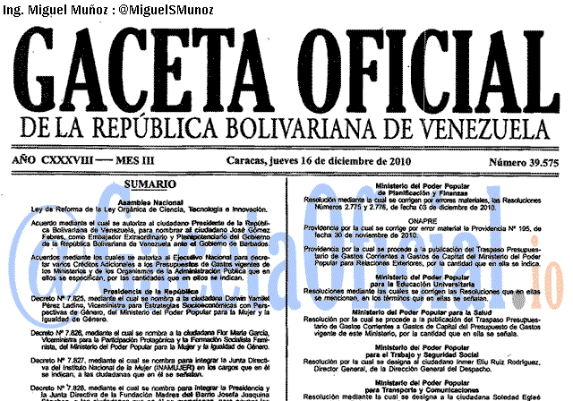 Gaceta Oficial 39575 del 16 Diciembre 2010