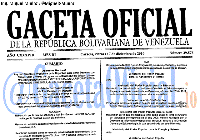 Gaceta Oficial 39576 del 17 Diciembre 2010