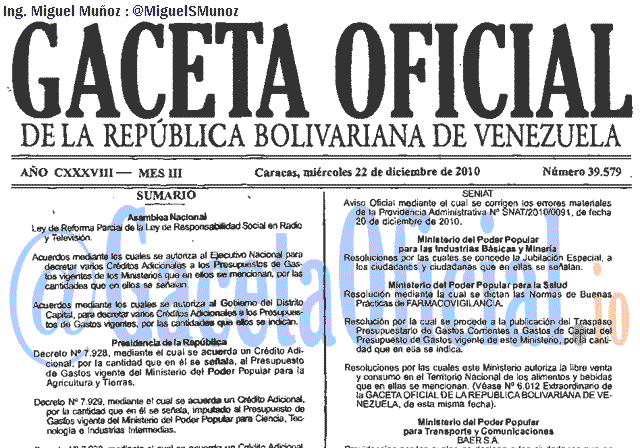Gaceta Oficial 39579 del 22 Diciembre 2010