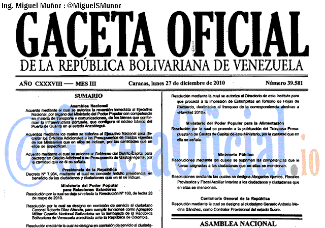 Gaceta Oficial 39581 del 27 Diciembre 2010