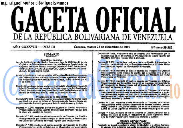 Gaceta Oficial 39582 del 28 Diciembre 2010