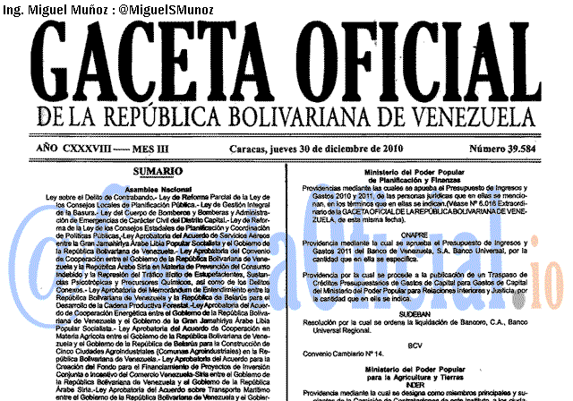 Gaceta Oficial 39584 del 30 Diciembre 2010