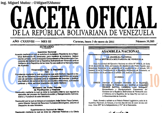 Gaceta Oficial 39585 del 3 Enero 2011