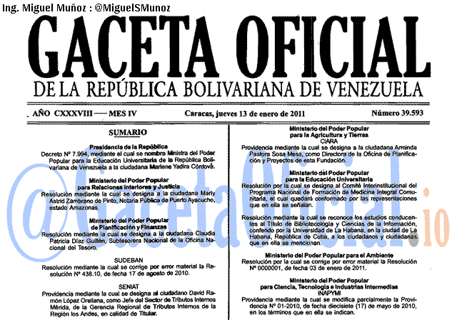 Gaceta Oficial 39593 del 13 Enero 2011
