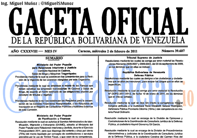 Gaceta Oficial 39607 del 2 Febrero 2011