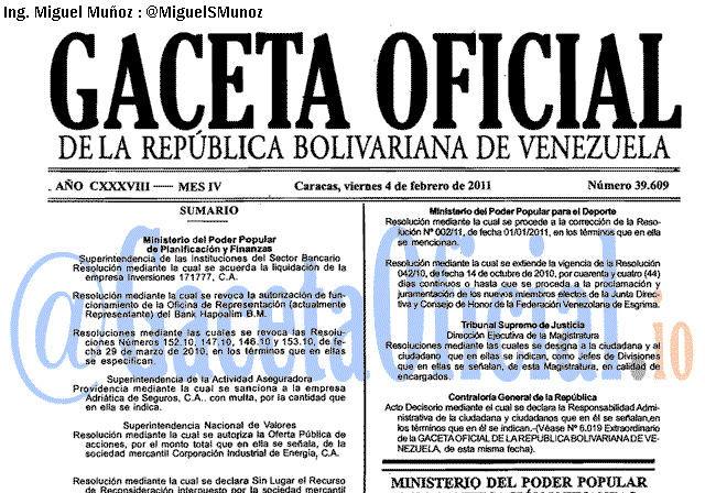 Gaceta Oficial 39609 del 4 Febrero 2011
