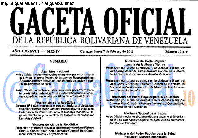 Gaceta Oficial 39610 del 7 Febrero 2011