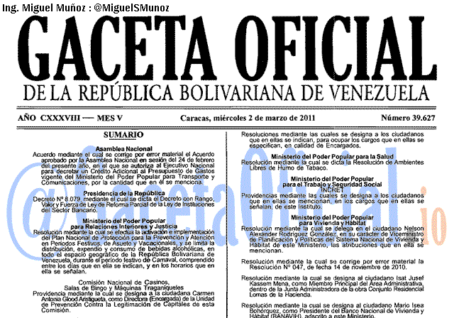 Gaceta Oficial 39627 del 2 Marzo 2011