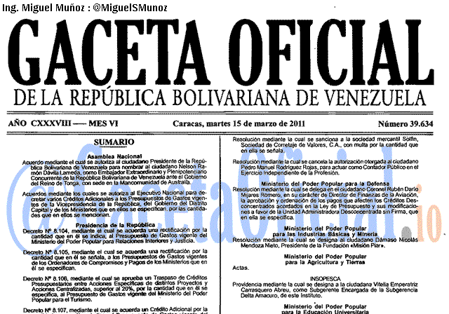 Gaceta Oficial 39634 del 15 Marzo 2011