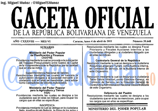 Gaceta Oficial 39648 del 4 Abril 2011