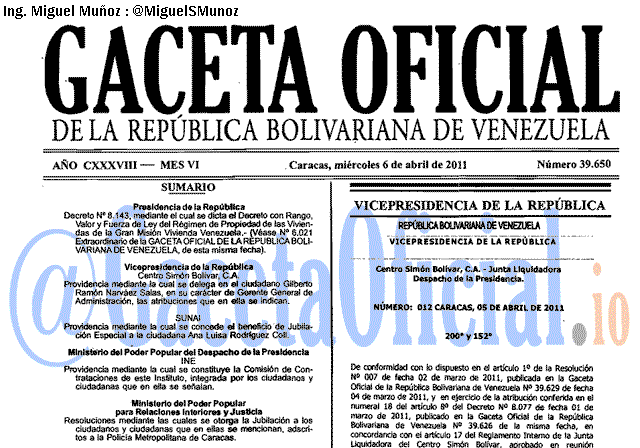 Gaceta Oficial 39650 del 6 Abril 2011