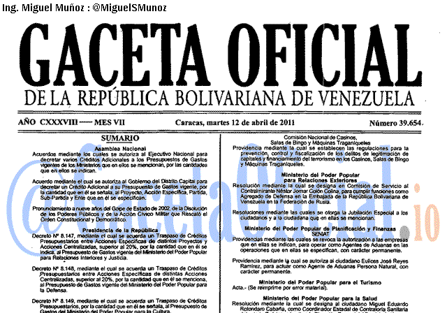 Gaceta Oficial 39654 del 12 Abril 2011