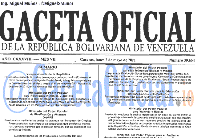 Gaceta Oficial 39664 del 2 Mayo 2011