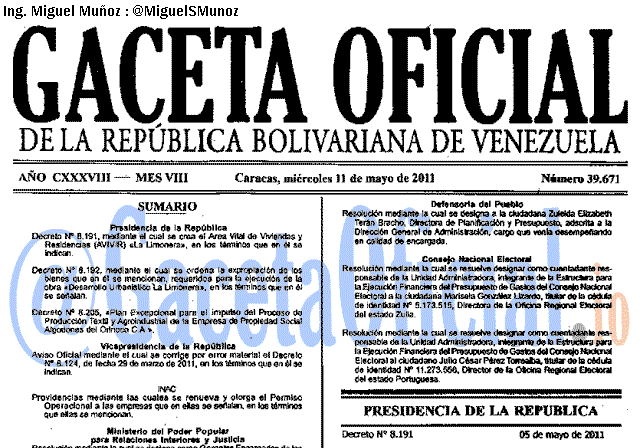 Gaceta Oficial 39671 del 11 Mayo 2011