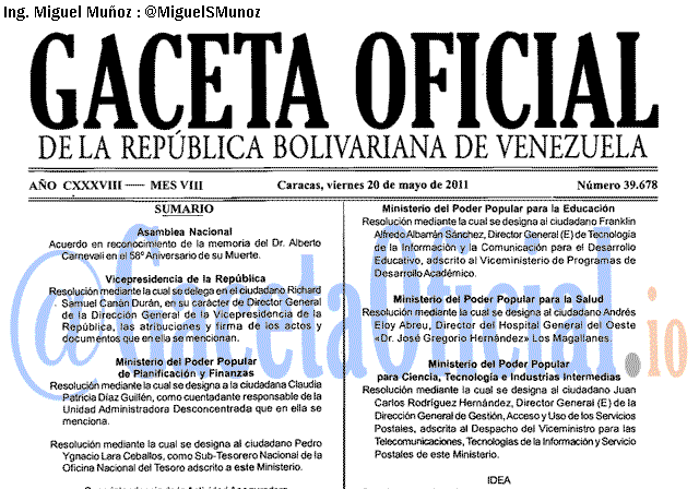 Gaceta Oficial 39678 del 20 Mayo 2011