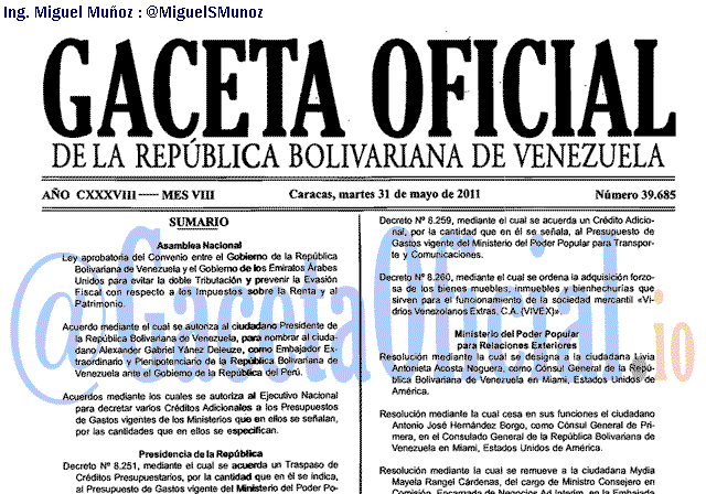 Gaceta Oficial 39685 del 31 Mayo 2011