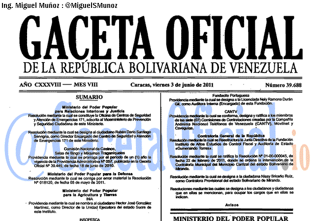 Gaceta Oficial 39688 del 3 Junio 2011
