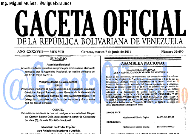 Gaceta Oficial 39690 del 7 Junio 2011