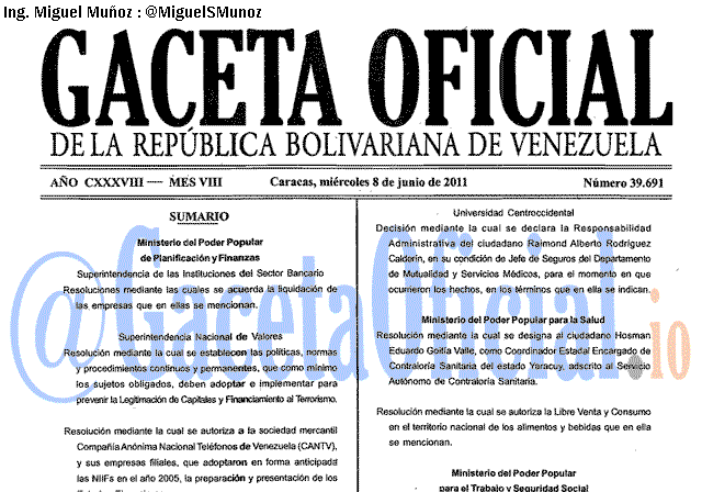 Gaceta Oficial 39691 del 8 Junio 2011
