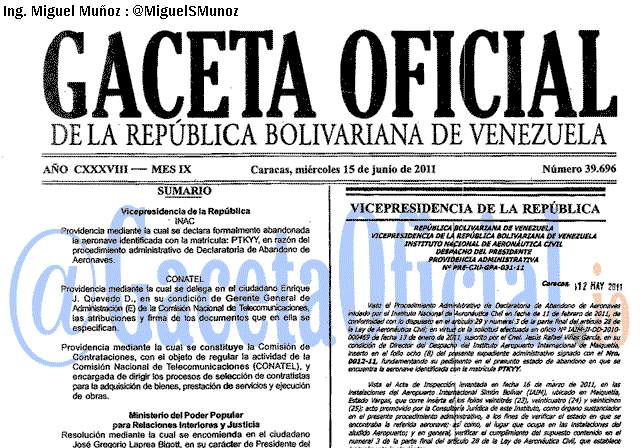 Gaceta Oficial 39696 del 15 Junio 2011